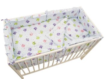 Mama Kiddies Sofie Dreams 5-dielna detská posteľná bielizeň s 180°krytom na mriežky - bledá s malými sovičkami