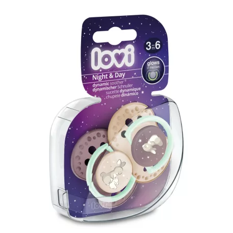 LOVI NIGHT&DAY dynamický silikonový dudlík 3–6 měsíců, 2 ks – pro holčičky