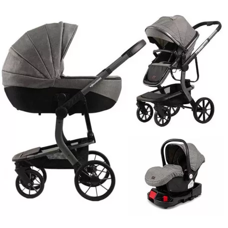 Multifunkční kočárek Mama Kiddies Icon 4v1 v šedé barvě s ISOFIX základnou.