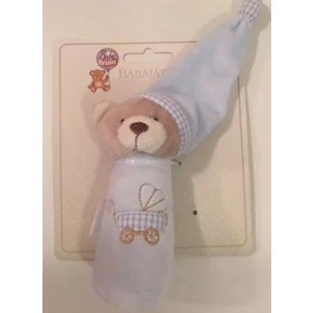 Pískací plyšový medvídek s čepičkou do ručičky 13 cm – modrý