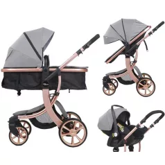   Kočárek Mama Kiddies® Sun Grey ELITE 3 v 1 s příslušenstvím ve světle šedé barvě