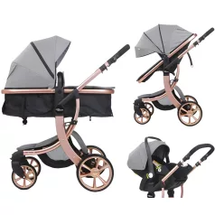   Kočárek Mama Kiddies® Sun Grey ELITE 3 v 1 s příslušenstvím ve světle šedé barvě