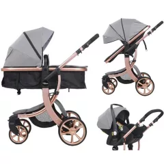   Kočárek Mama Kiddies® Sun Grey ELITE 3 v 1 s příslušenstvím ve světle šedé barvě