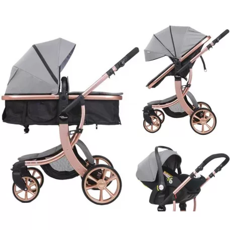 Kočárek Mama Kiddies® Sun Grey ELITE 3 v 1 s příslušenstvím ve světle šedé barvě