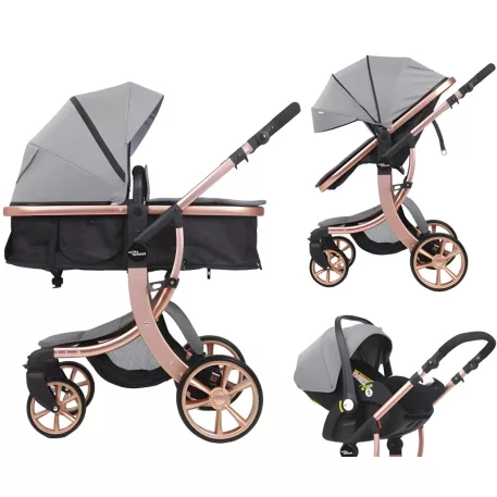 Kočárek Mama Kiddies® Sun Grey ELITE 3 v 1 s příslušenstvím ve světle šedé barvě