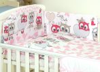   Mama Kiddies Baby Bear 5-dílná dětská ložní souprava s mantinelem 180°, bílo-růžová - vzor sovička