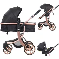   Kočárek Mama Kiddies® Sun Black ELITE 3 v 1 s příslušenstvím v černé barvě
