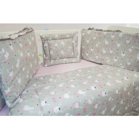 Mama Kiddies® Sofie Dreams 5dílné dětské povlečení s 360° mřížkou Dancing Bunny v šedé barvě