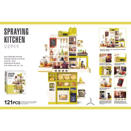 Mama Kiddies® Interaktivní „Spraying Kitchen“ dětská kuchyňka – 121dílná sada, výška 103 cm se světelnými a zvukovými efekty ve žlutozelené barvě
