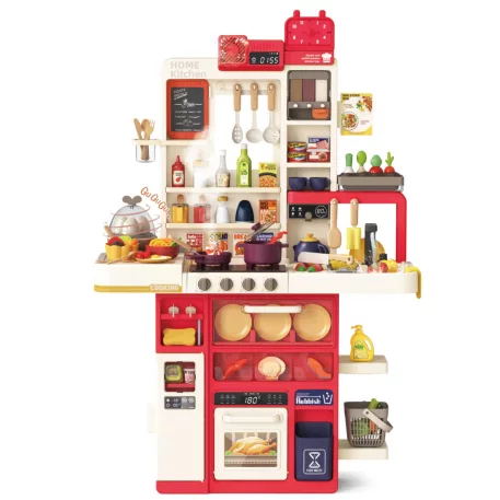 Mama Kiddies® Interaktivní „Spraying Kitchen“ dětská kuchyňka – 121dílná sada, výška 103 cm se světelnými a zvukovými efekty v červené barvě