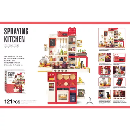 Mama Kiddies® Interaktivní „Spraying Kitchen“ dětská kuchyňka – 121dílná sada, výška 103 cm se světelnými a zvukovými efekty v červené barvě