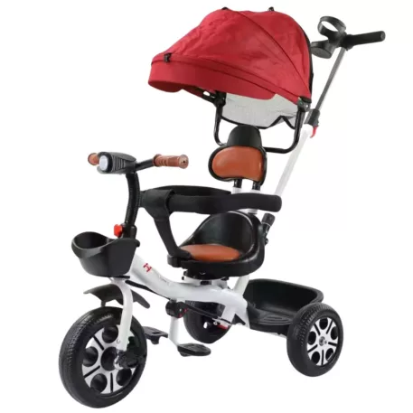 Dětská tříkolka MK H-Trike Harmony s otočným sedadlem o 360 stupňů, rodičovským madlem v červeno-bílé barvě + dárek