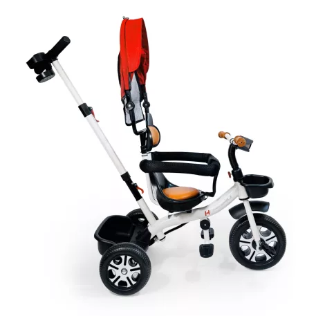 Dětská tříkolka MK H-Trike Harmony s otočným sedadlem o 360 stupňů, rodičovským madlem v červeno-bílé barvě + dárek