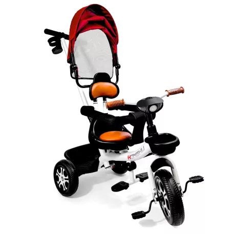 Dětská tříkolka MK H-Trike Harmony s otočným sedadlem o 360 stupňů, rodičovským madlem v červeno-bílé barvě + dárek