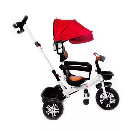 Dětská tříkolka MK H-Trike Harmony s otočným sedadlem o 360 stupňů, rodičovským madlem v červeno-bílé barvě + dárek