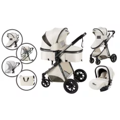   Kočárek 3v1 Mama Kiddies Charlie PRO – kombinovaný kočárek s příslušenstvím v krémové barvě + dárek