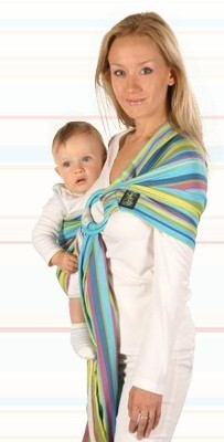 Womar baby šatka na nosenie detí Hug Me s krúžkom - tyrkysová- so zelenými pásikmi